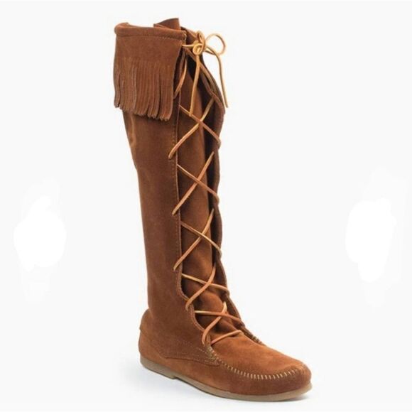 Minnetonka Brown Lace Front Knee High Suede Fringe Moccasins Festival Boots Sz 7 - Picture 1 of 11
